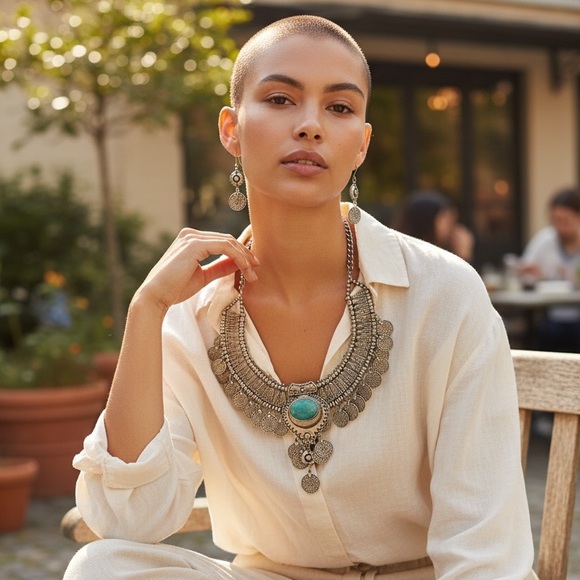 NWT Silver Coin Statement Necklace & Earrings Set with Turquoise Accent - Picture 10 of 14